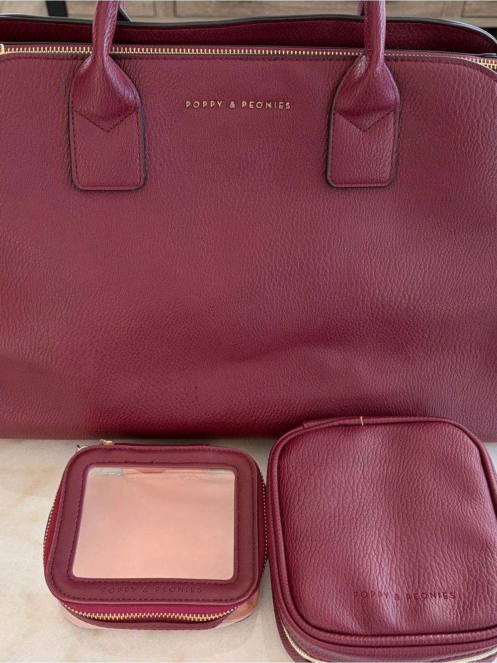 Poppy & Peonies Berry Faux Leather Tote with Matching Pouches